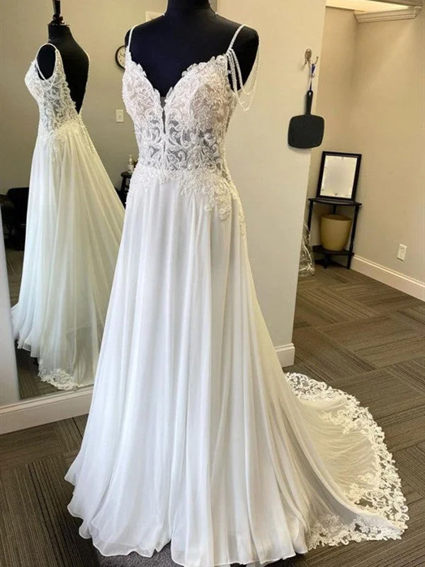 Stylish Women's Attire V Back White Formal Lace Long Prom Dress, A-line Popular Wedding Dresses, 2021 Prom Dresses