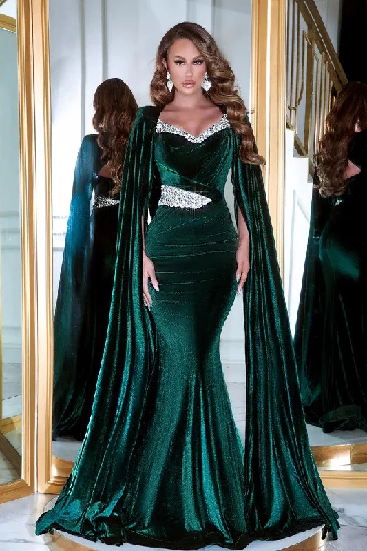 Women's Office Clothing Portia and Scarlett PS23394 Long Cape Sleeve Velvet Mermaid Prom Gown