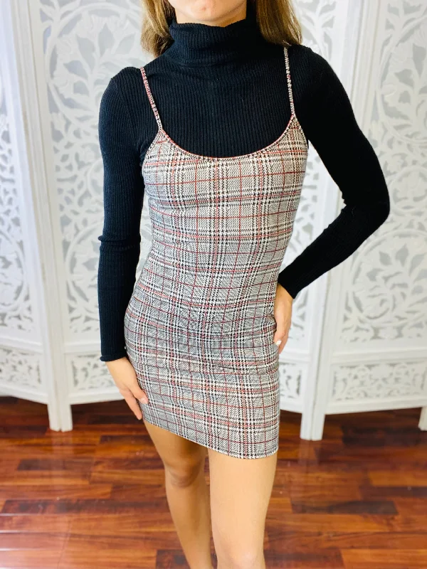 Women's Holiday Attire ABC Plaid Spaghetti Strap Mini Dress Only-Turtleneck is Separate