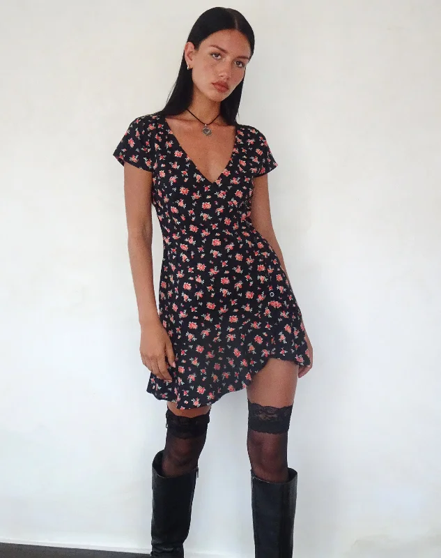 Fashionable Women's Clothes Seleg Mini Dress in Flowing Rose Black