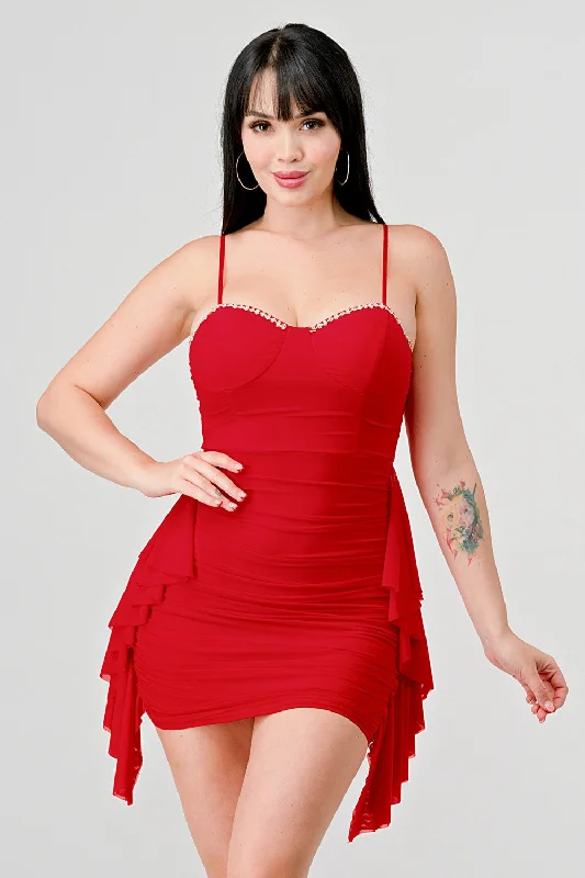 Women's Effortless Casual Outfit TRULY Ruched Red Spaghetti Strap Mini Dress