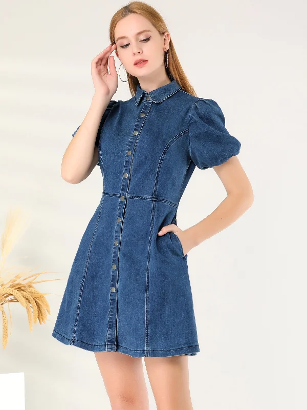 Women's Comfortable Lounge Outfit Denim Puff Short Sleeve Collared Button Down Mini Dress