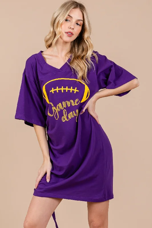 Women's Holiday Clothing PURPLE FOOTBALL GAME DAY PRINT MINI DRESS CFDLU51378SPA