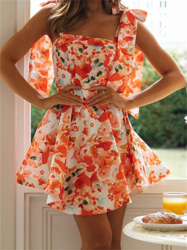 Elegant Clothing For Women Flower Print Sleeveless Tie-Up Mini Dresses