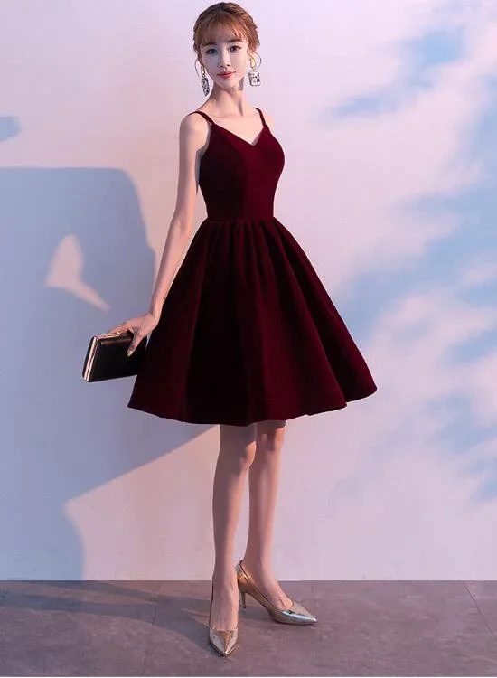 Vintage-Inspired Garments Lovely Velvet Burgundy Short Straps Homecoming Dress, Lovely Short Wedding Party Dress gh428