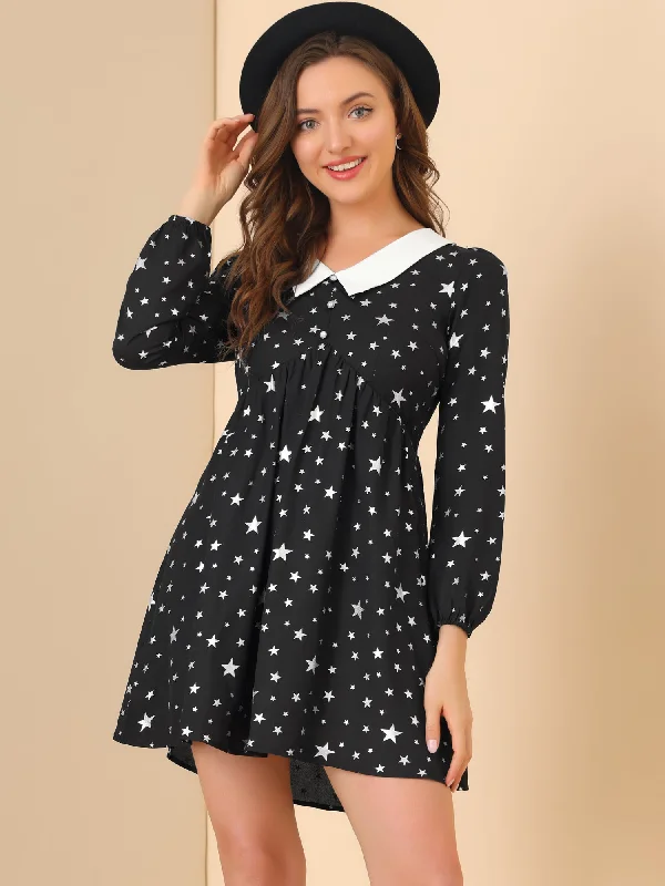 Women's Outfit For The Office Women's Star Printed Long Sleeve Metallic Party A-Line Peter Pan Collar Mini Dress