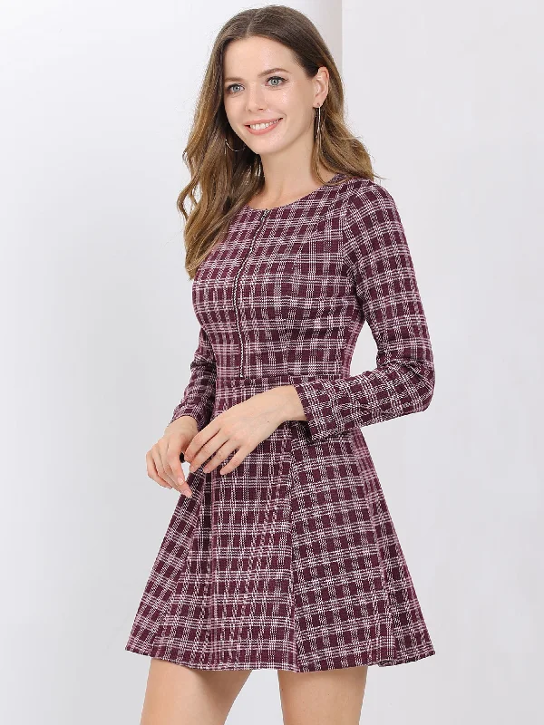 Women's Formal Event Outfit Christmas Plaid Long Sleeve Office Zip Up Fit and Flare Mini Dress