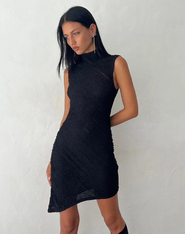 Fashionable Women's Casual Apparel Ottilie Textured  Asymmetric Mini Dress in Black