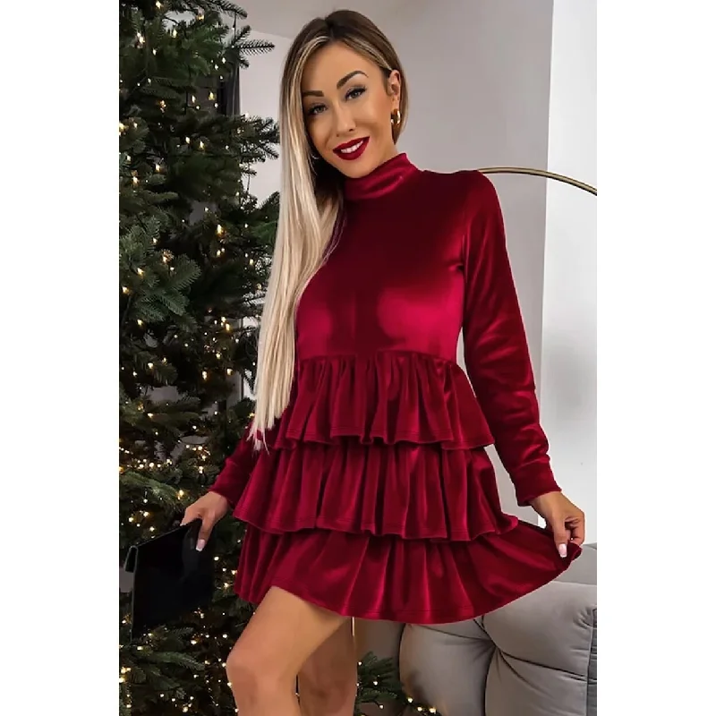 Women's Stylish Professional Apparel Racing Red Velvet High Neck Tiered Ruffle Mini Dress