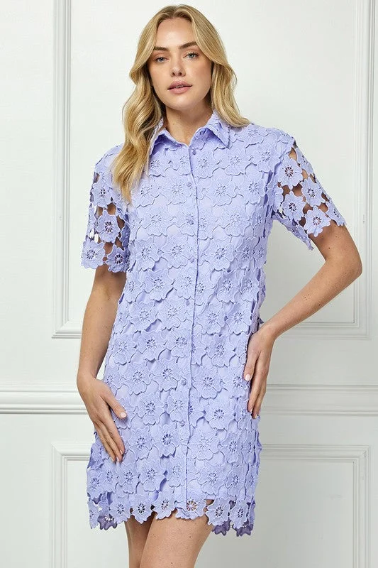 Luxury Women's Clothing LILAC CROCHET SHORT SLEEVES BUTTON DOWN MINI DRESS AVD51007K