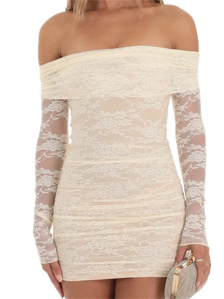 Women's Clothing With Trendy Designs Off Shoulder Lace Long Sleeve Bodycon Mini Dresses