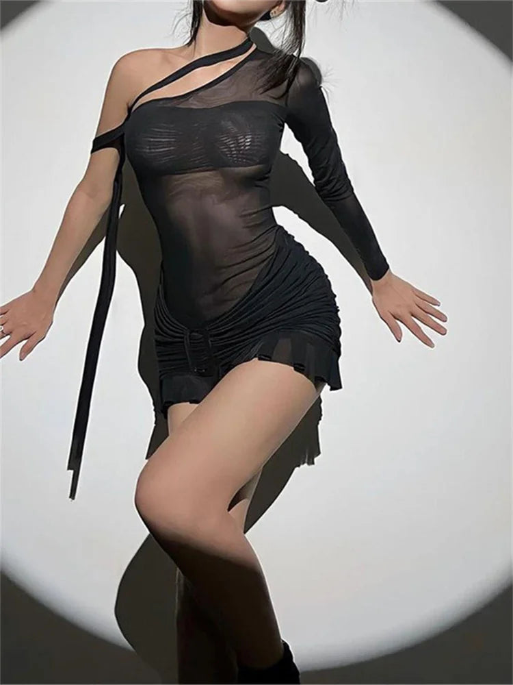 Women's Athletic Clothes Sheer See Through Long Sleeve Mini Dresses