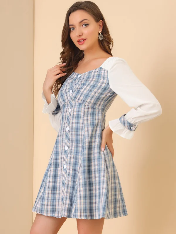 Women's Casual Wear Outfit Plaid Sweetheart Neck Elegant Button Decor A-Line Party Mini Dress