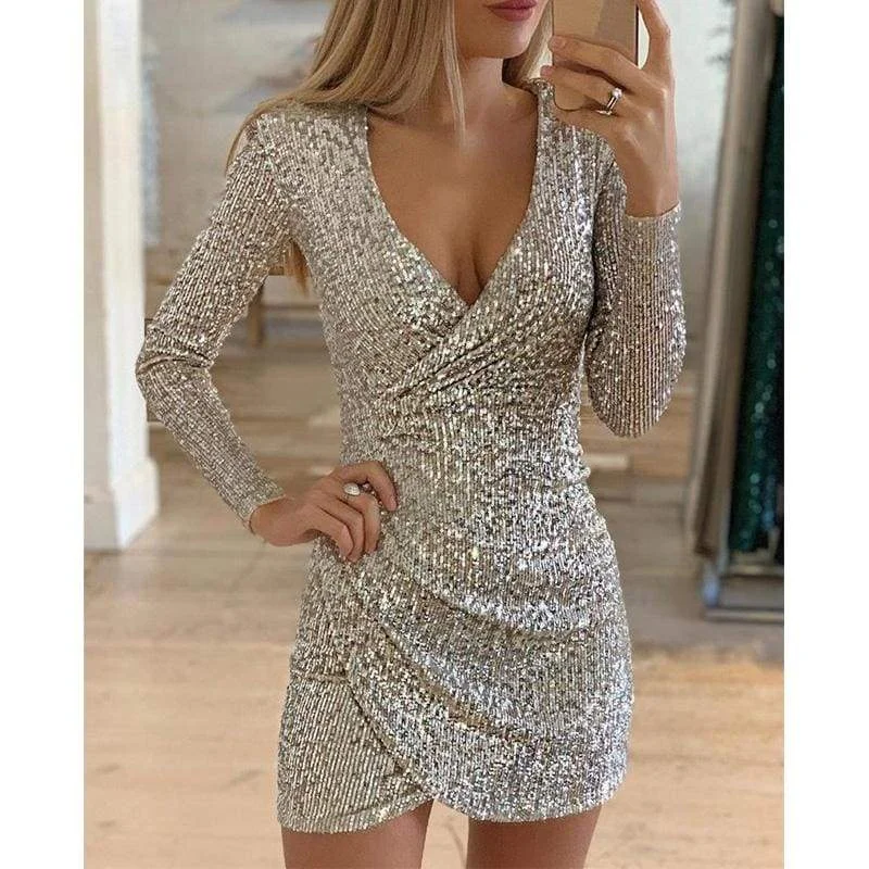 Women's Vintage Clothes FashionSierra - New Fashion Long Sleeve Sequin Deep V-neck women slim fit mini dress